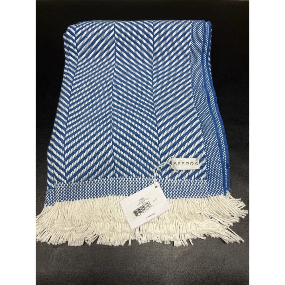 Sferra Costa Cotton Throw Blanket Ocean Blue Herringbone Weave Fringed 50x70 New
